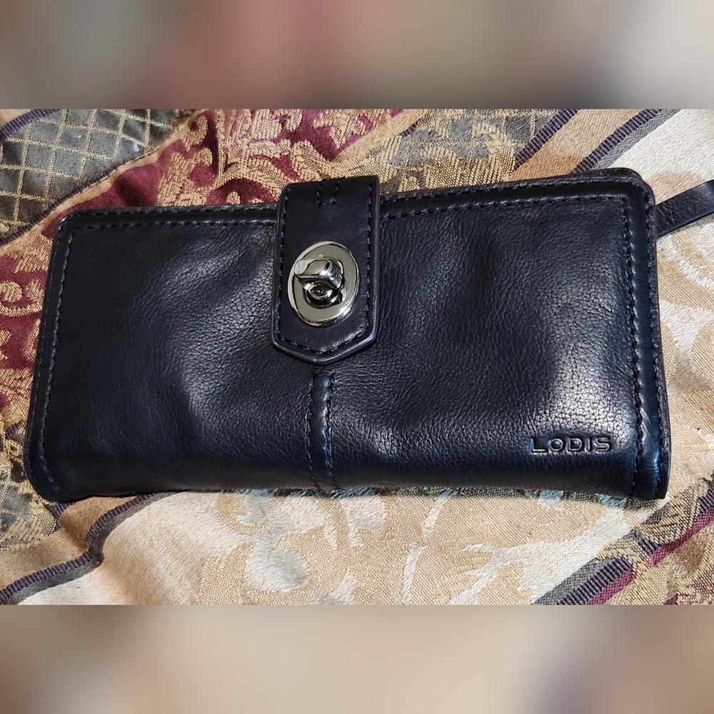 LODIS Brown Leather Credit Card Money Wallet Turn Lock Flap Bi Fold Zip Pocket